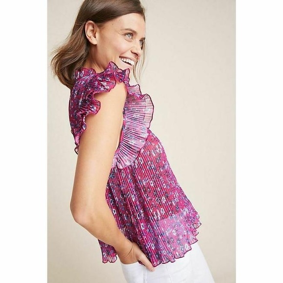 Anthropologie Pink Floral Freida Pleated Ruffle Blouse - Picture 3 of 6